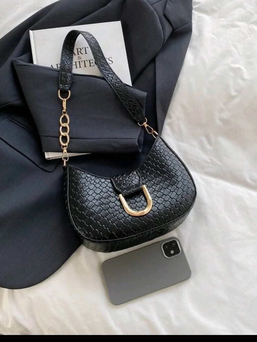 BRAND NEW ** Black Woven Shoulder Bag with Gold Hardware